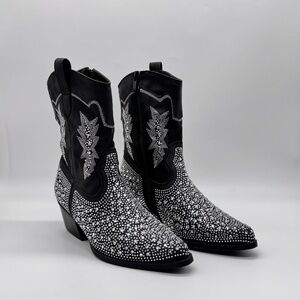 Link Girls Black Rhinestone Western Cowboy Boots | Size 4 | New